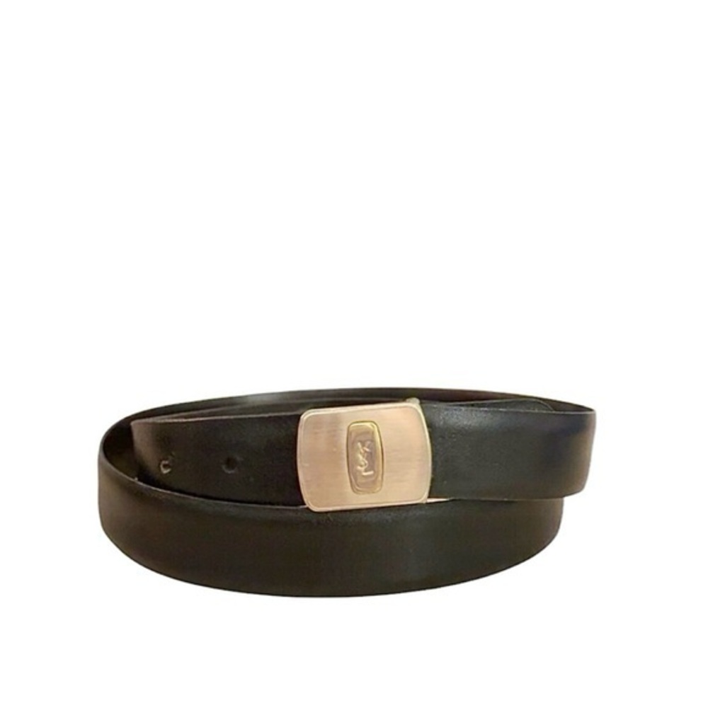 YSL Yves Saint Laurent Brass Buckle Vintage Black Leather‎ Belt 41”